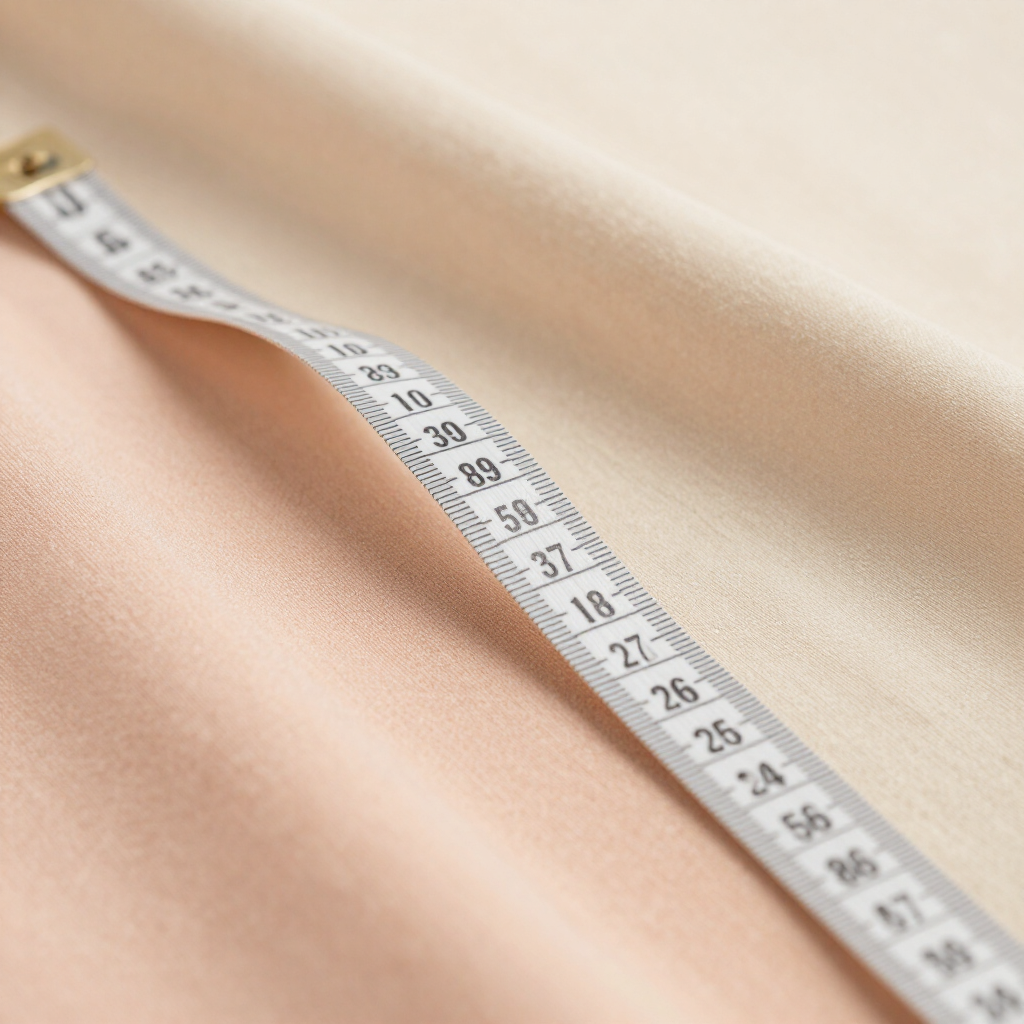 Cinta métrica de sastre estirada sobre tela beige