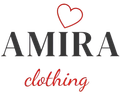 Logotipo de la marca de ropa AMIRA con un corazón rojo sobre texto negro y la palabra 
