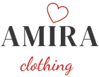 Logotipo de la marca de ropa AMIRA con un corazón rojo sobre texto negro y la palabra 