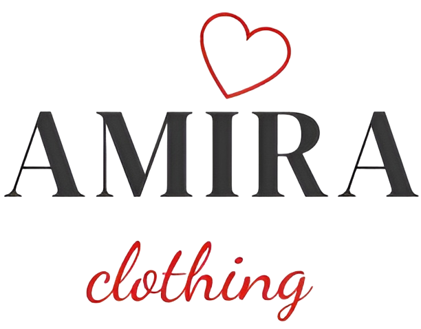 Logotipo de la marca de ropa AMIRA con un corazón rojo sobre texto negro y la palabra 