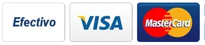 Métodos de pago: efectivo, Visa y logotipos de MasterCard sobre un fondo blanco.