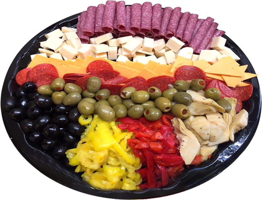 A round catering tray arranged with sections of salami, cubed cheese, sliced cheddar, olives, artichokes, and peppers. A round catering tray arranged with sections of salami, cubed cheese, sliced cheddar, olives, artichokes, and peppers.