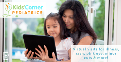 Woman and child using a tablet beside Kids’ Corner Pediatrics logo, with virtual visit services listed.