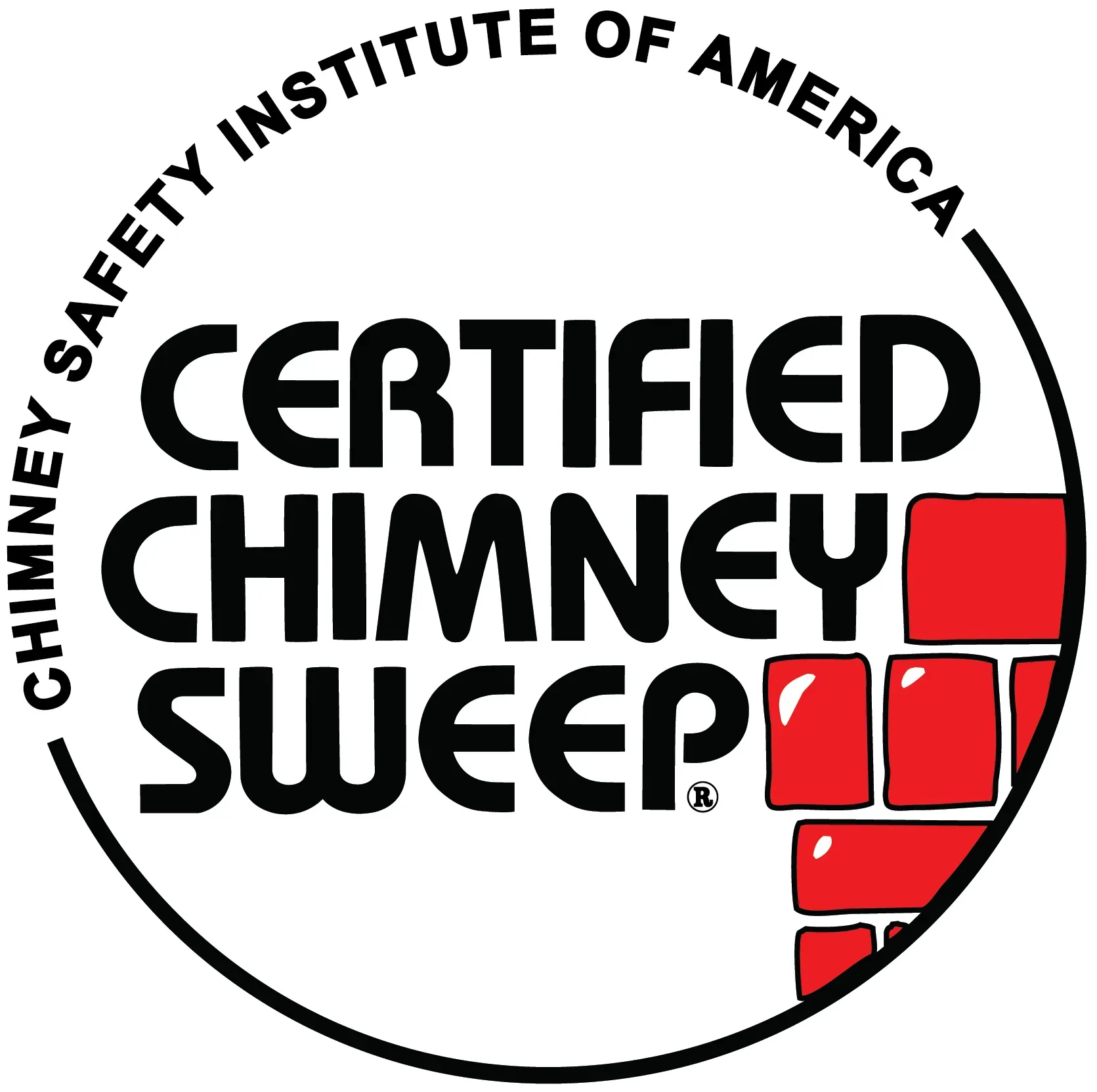 Certified Chimney Sweep logo with black text in a circle and red chimney bricks.