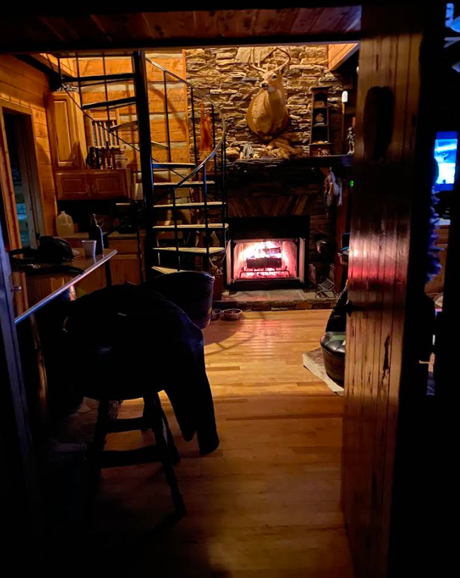 Cozy cabin interior with a glowing wood stove, stone fireplace, and wooden furniture in warm light