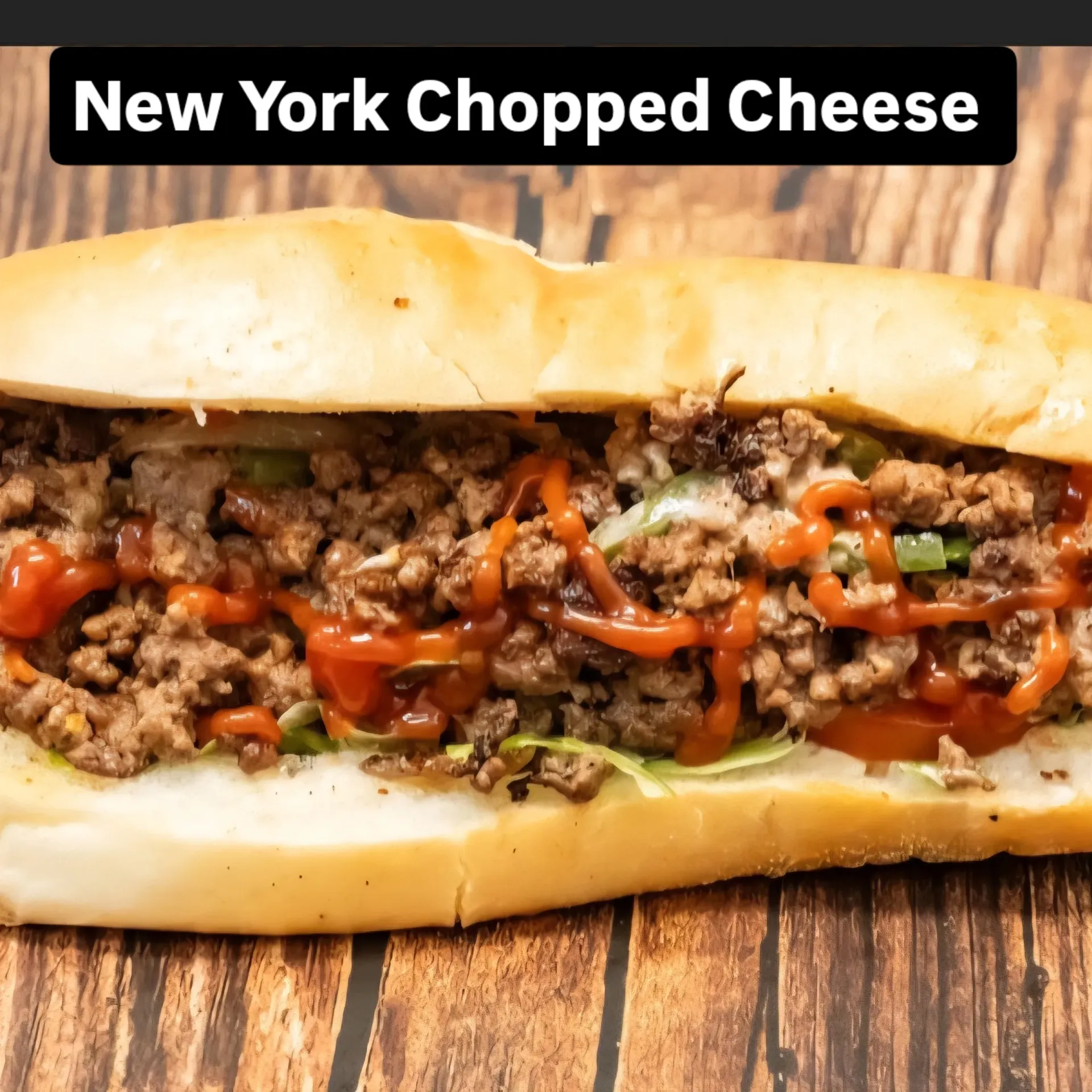 New York chopped cheese sandwich on a roll, drizzled with red sauce, on wooden table.