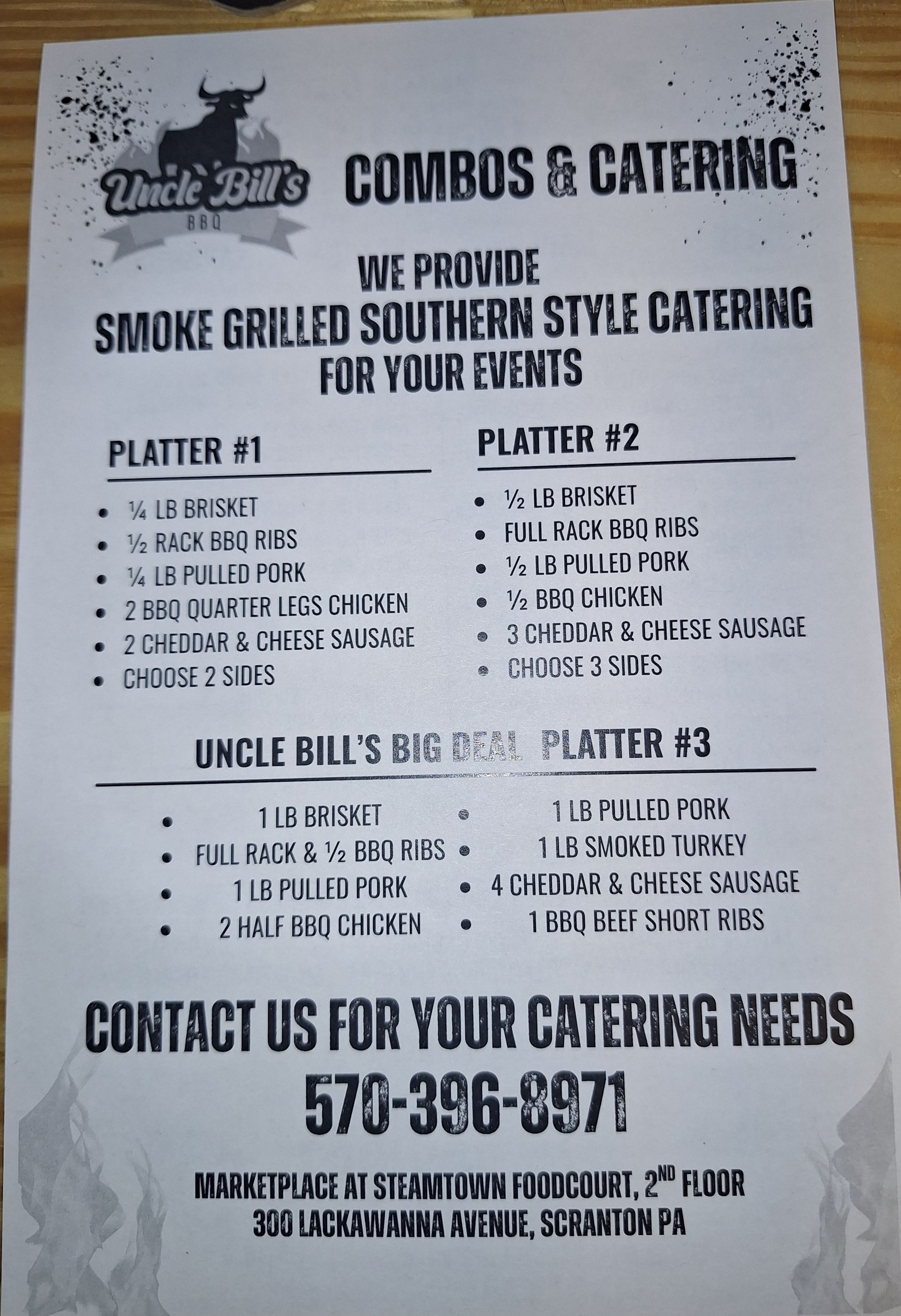Menu for Uncle Bill's BBQ catering, offering combo platters. Includes phone number and address.