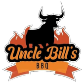 Logo for Uncle Bill's BBQ, featuring a black bull silhouette atop flames and text, with an orange banner below.