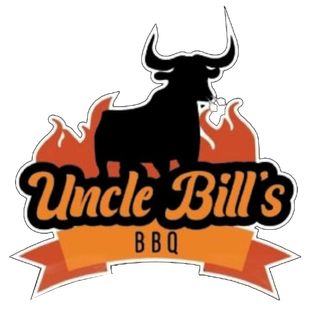 Logo for Uncle Bill's BBQ, featuring a black bull silhouette atop flames and text, with an orange banner below.