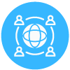 A group of people are connected to a globe in a blue circle.