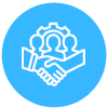 A group of people shaking hands in a blue circle.