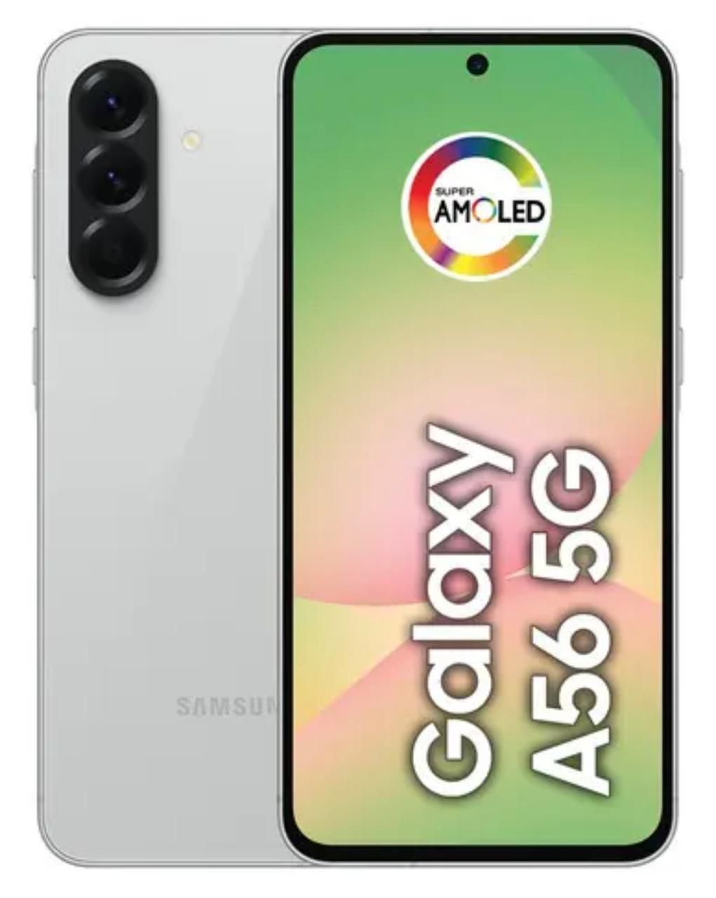 Teléfono Samsung Galaxy A56 5G en color plata, vista frontal y trasera con pantalla AMOLED y pantalla verde-rosa.