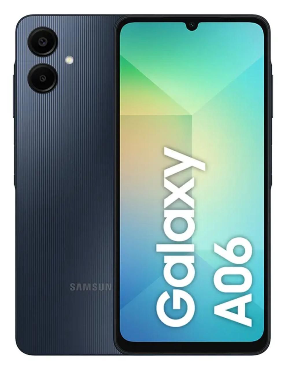 Smartphone Samsung Galaxy A06, vista frontal y trasera, color azul oscuro con doble cámara trasera.