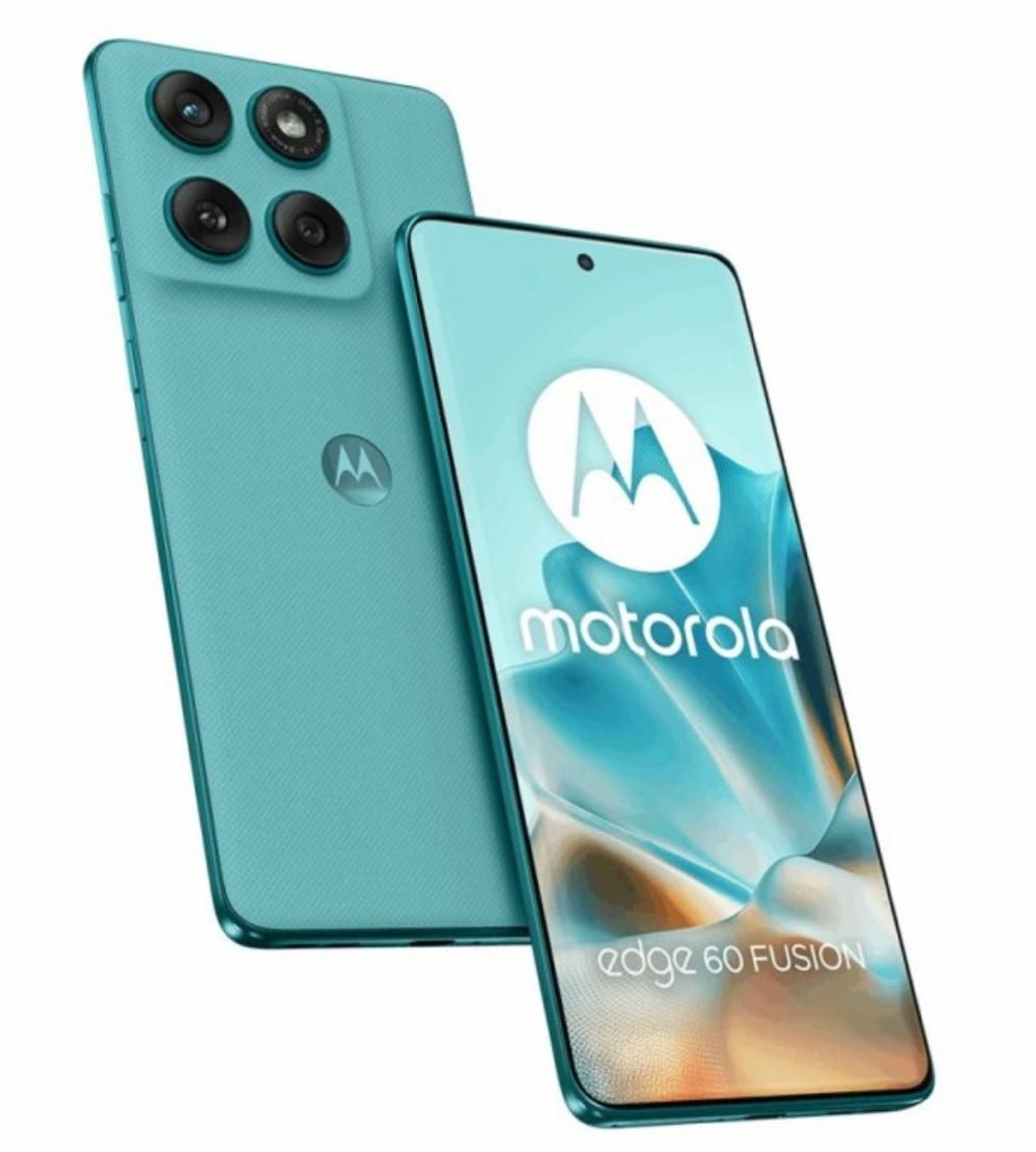 Smartphone Motorola Edge 60 Fusion en color turquesa, vista frontal y trasera con triple cámara trasera.