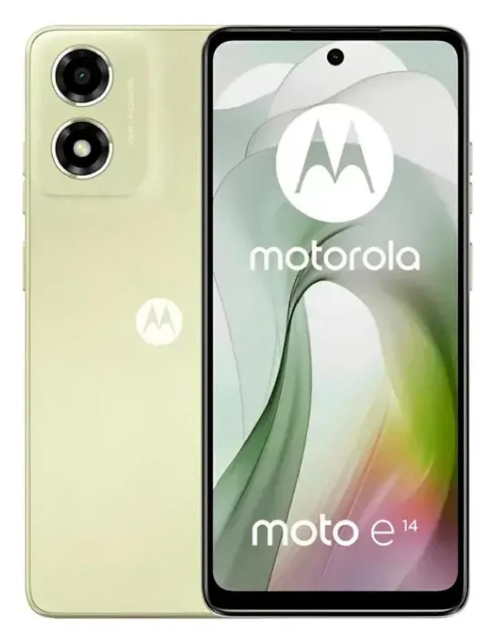 Smartphone Motorola Moto E14 en color verde pálido, vista frontal y trasera.