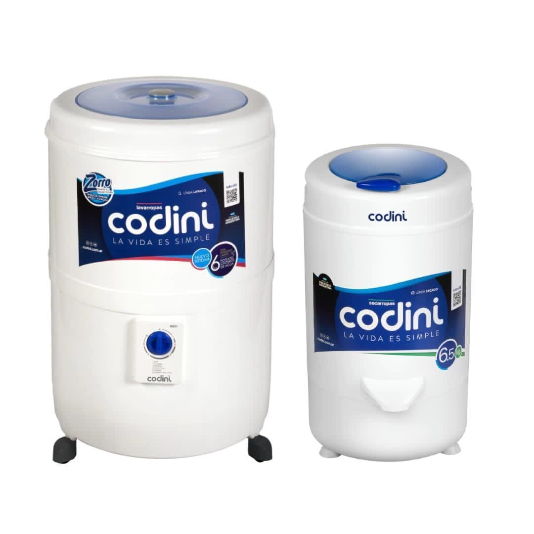 Dos dispensadores de agua Codini, uno blanco y otro azul, uno grande y otro pequeño, mostrados uno al lado del otro.