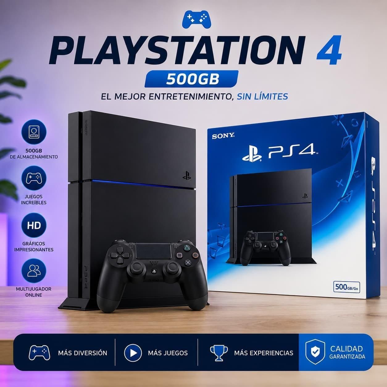 Paquete de consola PlayStation 4 Slim de 500 GB con mando y caja sobre un fondo promocional azul.