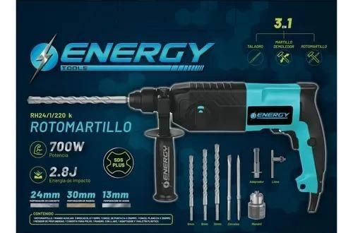 Taladro percutor rotativo ENERGY de 700 W con brocas y diseño azul y negro en el embalaje.