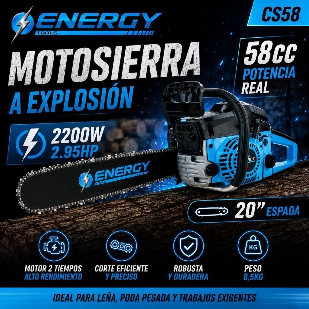 Publicidad de motosierra Energy CS58 azul y negra, 58cc, 2200W, espada de 20 pulgadas.