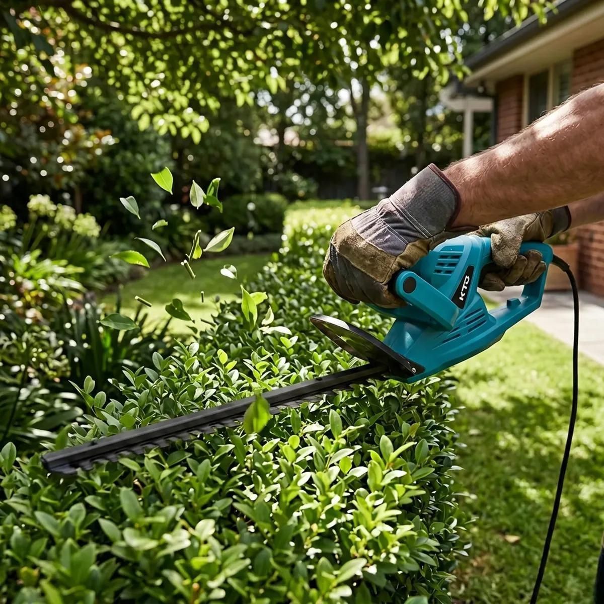 Una persona está podando un seto verde con una podadora eléctrica azul en un jardín.