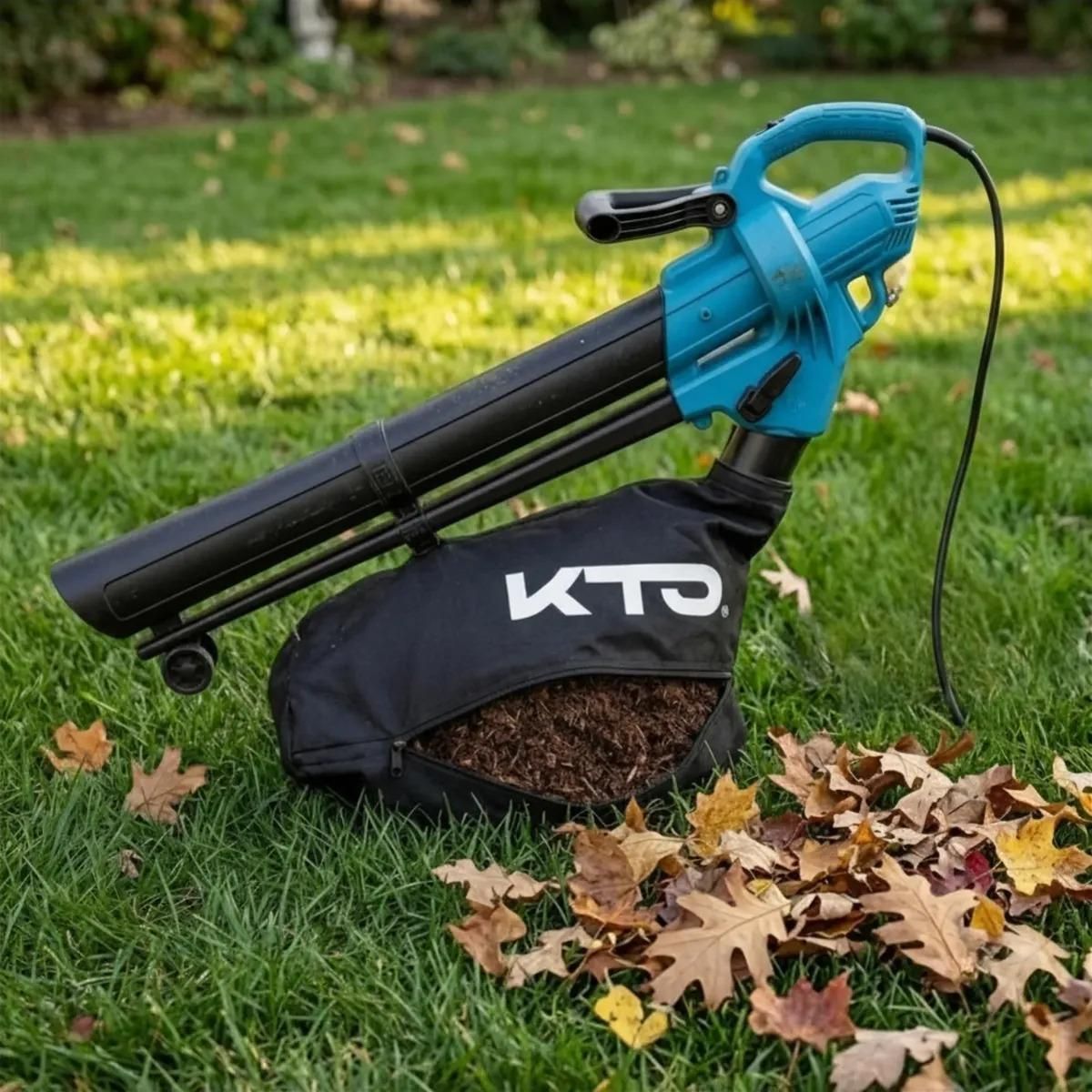 Soplador de hojas eléctrico azul junto a una bolsa KTO negra sobre el césped, con hojas otoñales caídas cerca.