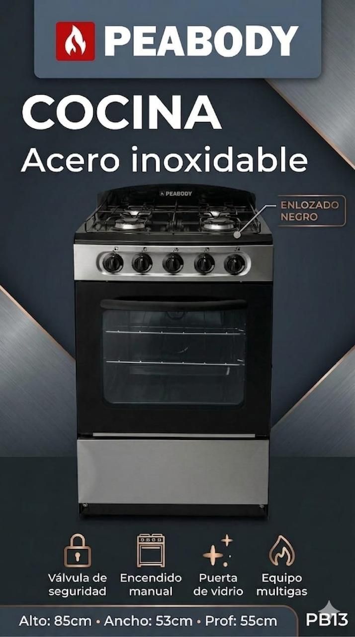 Anuncio de cocina PEABODY de acero inoxidable con horno y cuatro quemadores sobre fondo oscuro.