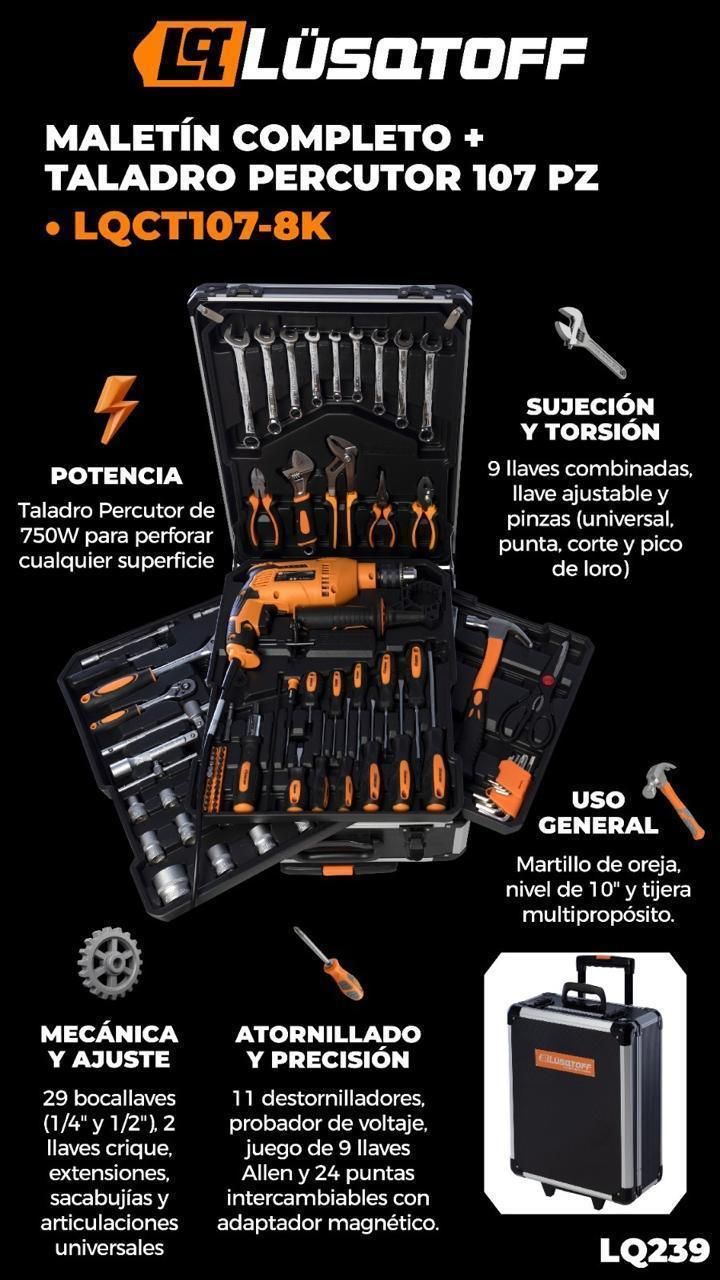 Juego de taladro inalámbrico LOSOTOFF de 107 piezas, color negro y naranja