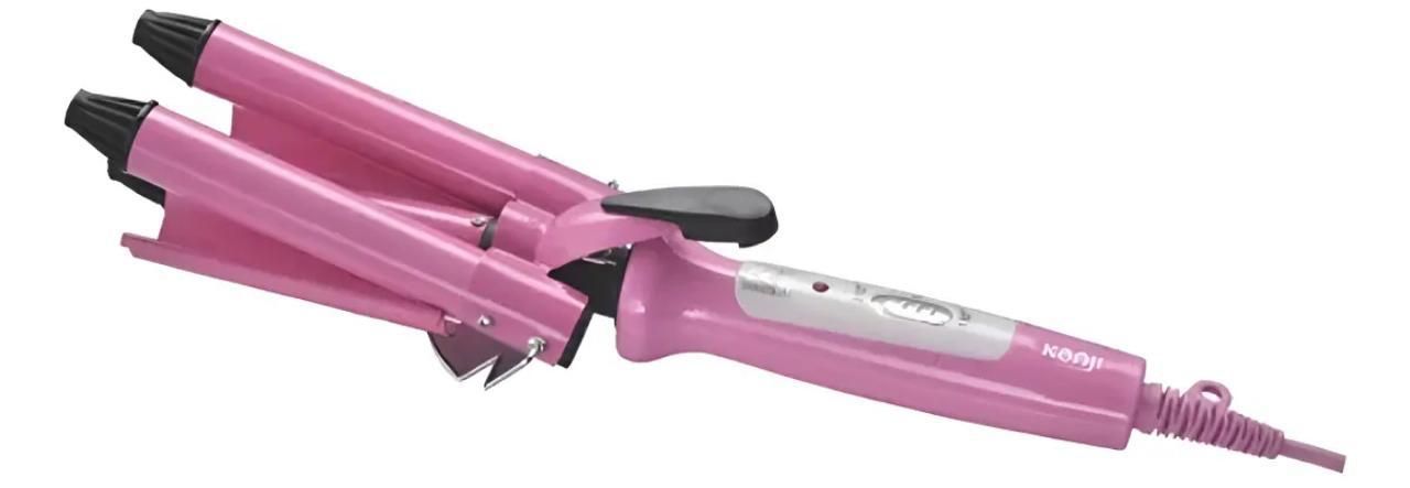 Rizador de pelo rosa con pinza y cable negros.