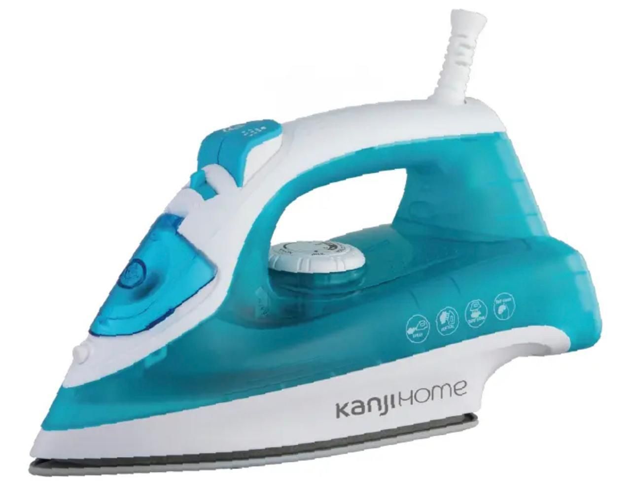 Plancha de vapor eléctrica turquesa y blanca con depósito de agua y mango transparentes.