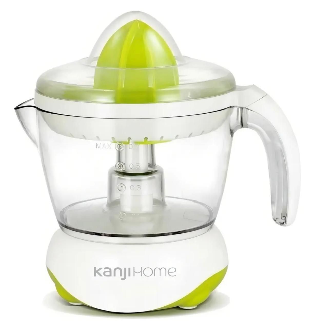 Exprimidor eléctrico de cítricos transparente con detalles y asa de color verde lima sobre una base blanca.