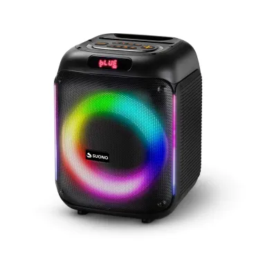 Altavoz Bluetooth portátil negro con luces LED de anillo de colores.
