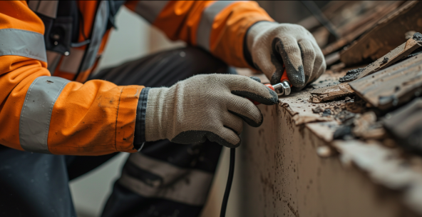 Gloved hands repair a damaged wooden surface with tools in an orange work jacket