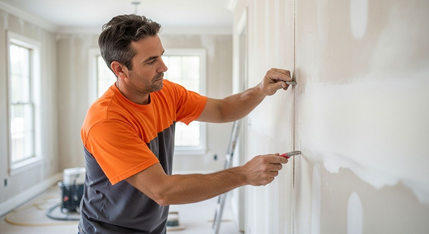 A man in an orange shirt paints a white wall with a brush in a bright room.