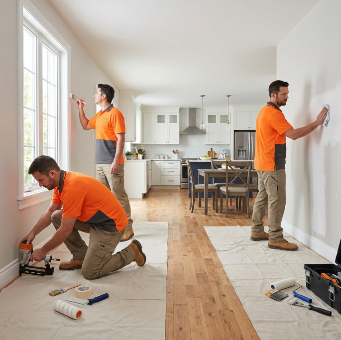 Interior of home after water damage mitigation with exposed drywall, baseboards and flooring ready for reconstruction in Phoenix.