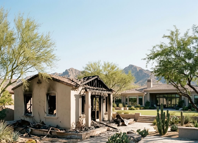 Photo of a detached casita guest house on a Phoenix property showing fire damage.