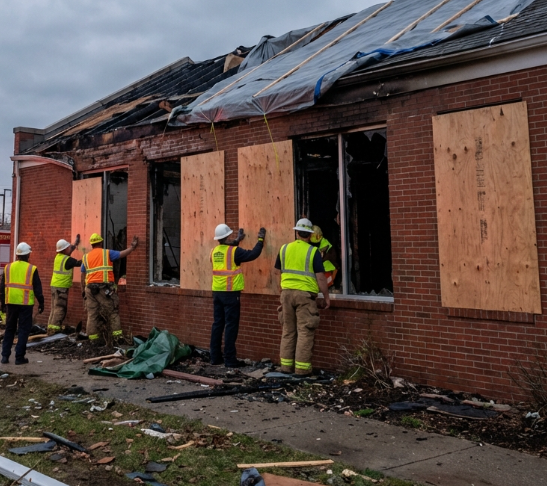 Emergency board-up service securing a commercial property after structural damage