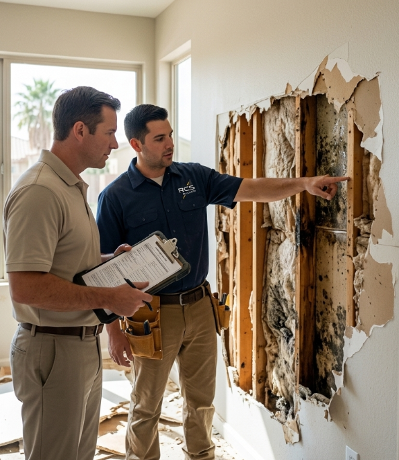Photo of a contractor and insurance adjuster examining an open wall cavity together.