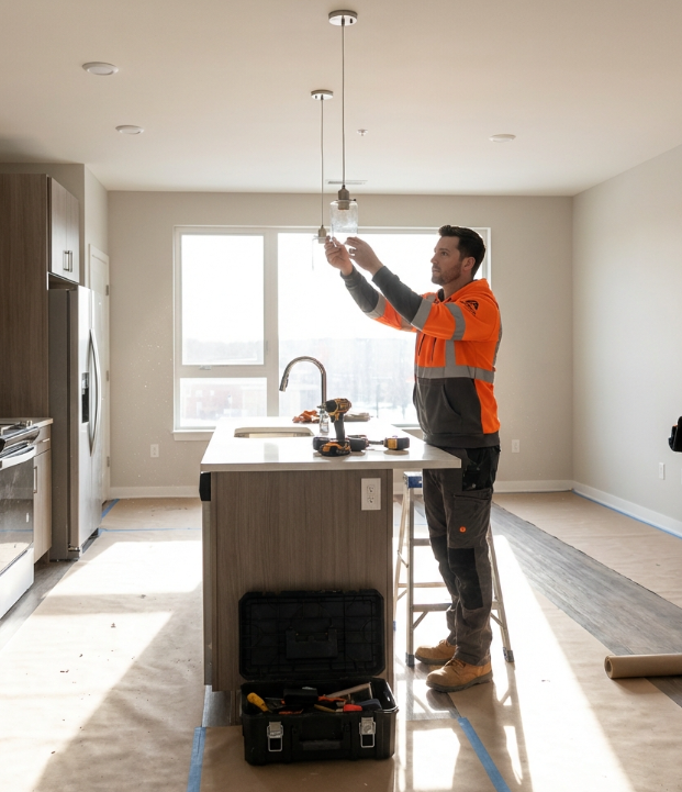 General contractor performing post-construction cleanup and punch list completion with professional equipment in a Greater Phoenix property.