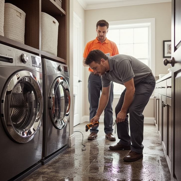 โLaundry room water damage in a Queen Creek home requiring professional mitigation and restoration services.โ