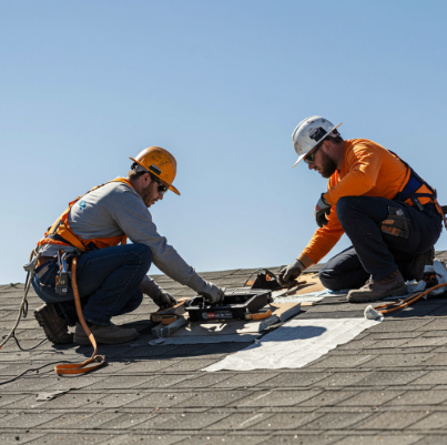 Two roof workers in orange safety gear repairing shingles on a rooftop under a clear blue sky