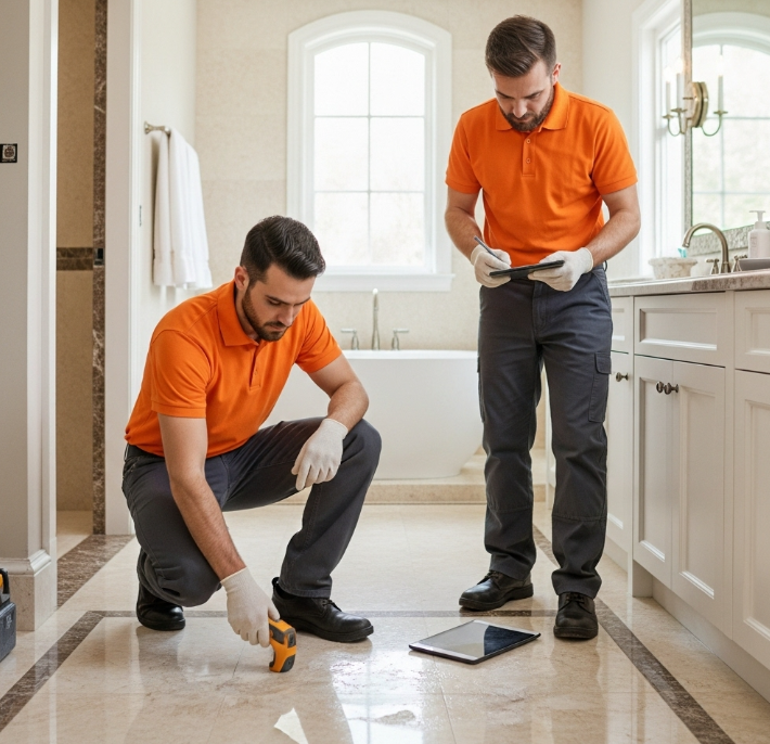 Water damage technician inspecting a bathroom leak in a Scottsdale home to prevent further structural damage