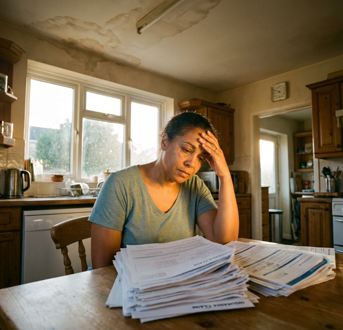 Wide angle editorial photo of a stressed Phoenix homeowner sitting at a kitchen table reviewing a thick stack of insurance claim documents
