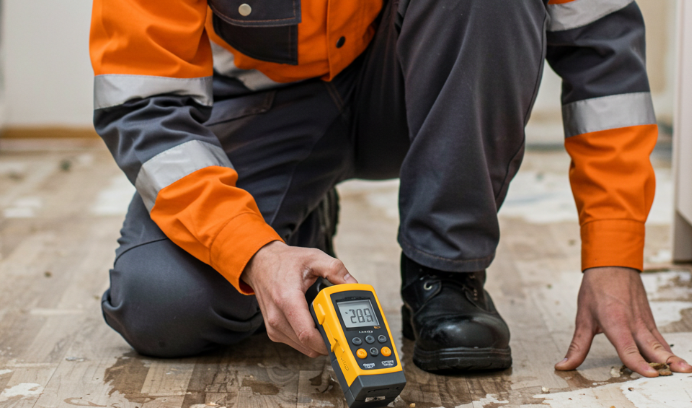 Worker in orange safety gear using a handheld moisture meter on a wooden floor