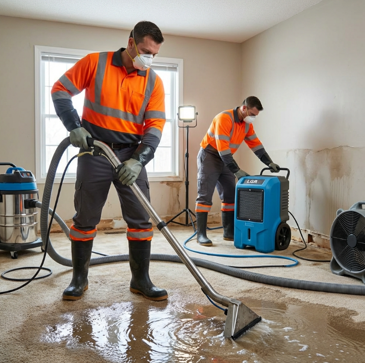 Water damage restoration technicians performing water extraction and structural drying with industrial equipment in a Greater Phoenix property.