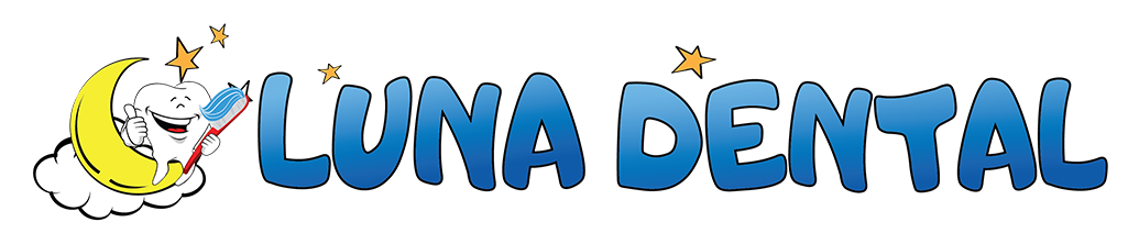 Luna Dental logo with blue text and a smiling crescent moon holding a star and tooth icon