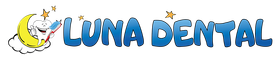 Luna Dental logo with blue text and a smiling crescent moon holding a star and tooth icon