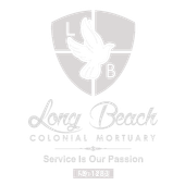 Logo for Long Beach Colonial Mortuary: Dove inside shield, script text "Long Beach Colonial Mortuary," tagline "Service Is Our Passion."