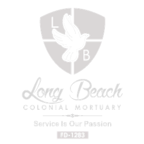 Logo for Long Beach Colonial Mortuary: Dove inside shield, script text "Long Beach Colonial Mortuary," tagline "Service Is Our Passion."