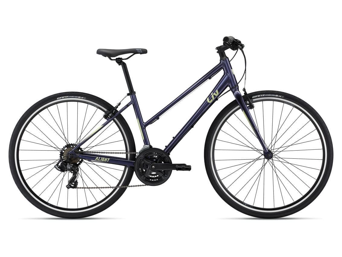 Blue-and-black hybrid bicycle.