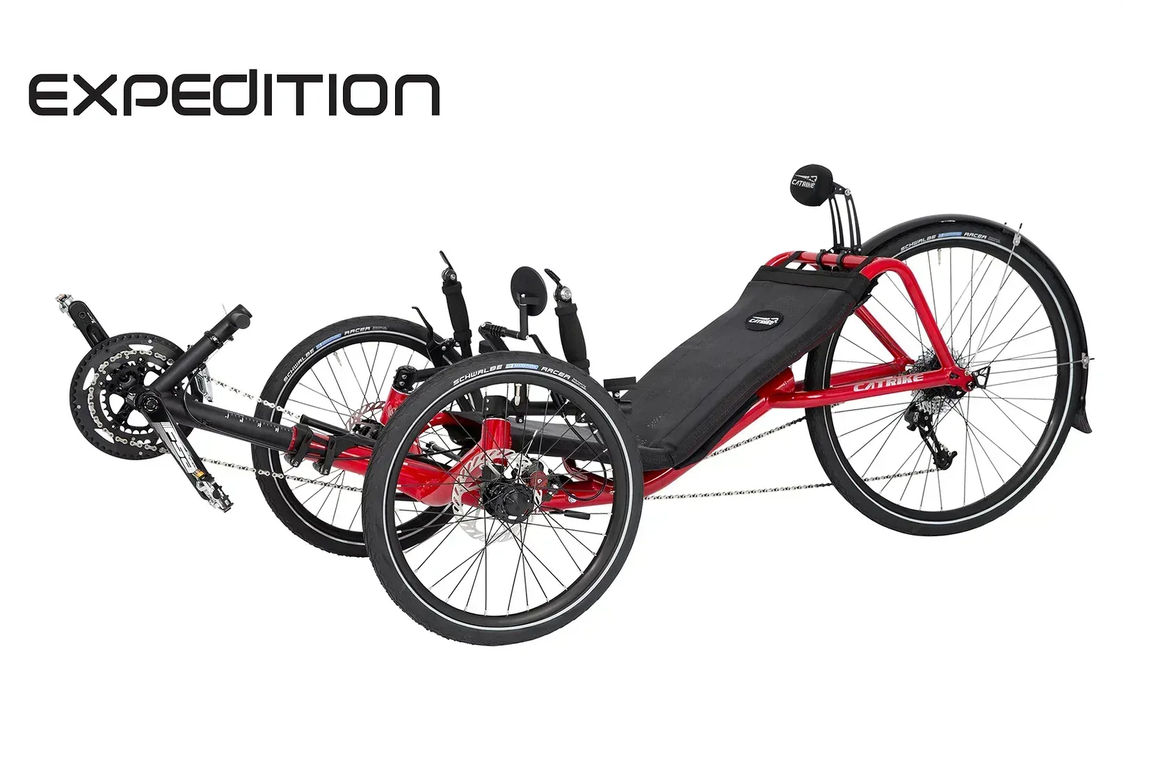 Red and black expedition recumbent tricycle.